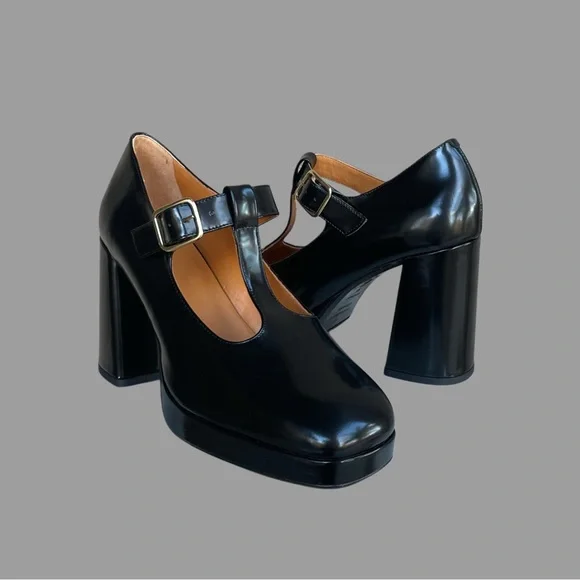 SEZANE Glossy Black Leather Monique High Babies T Strap Platform Mary Jane Heels - Picture 3 of 17